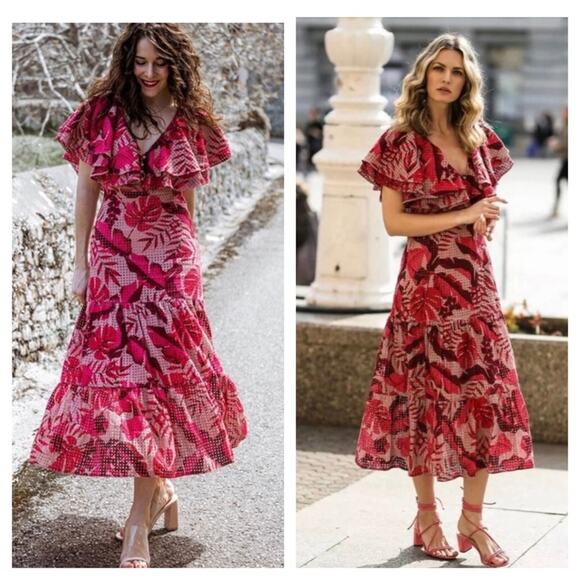 NWT Johanne Ortiz X H&M Maxi Dress XS Floral Eyelet Embroidered Ruffle Pink - Picture 11 of 16